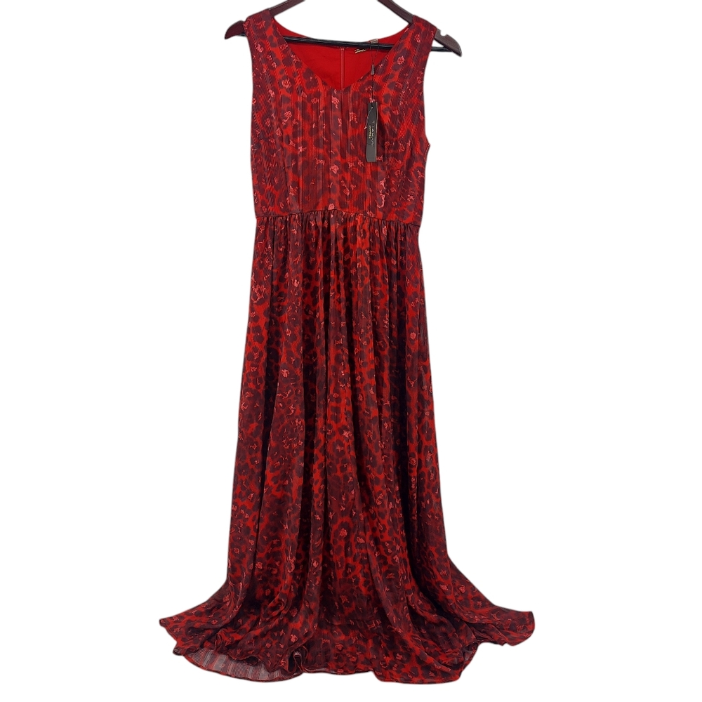 T Tahari Red Sleeveless Animal Print Maxi Dress Metallic SIZE 6